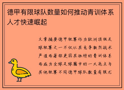 德甲有限球队数量如何推动青训体系人才快速崛起