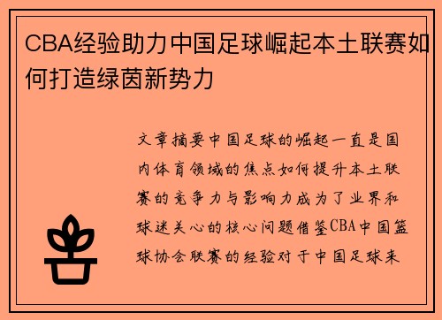 CBA经验助力中国足球崛起本土联赛如何打造绿茵新势力